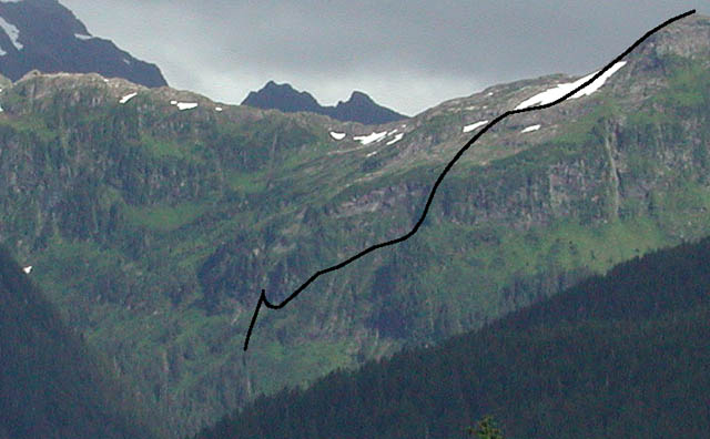Likely Route up Sisters-Arrowhead Peak Ridge (60007 bytes)